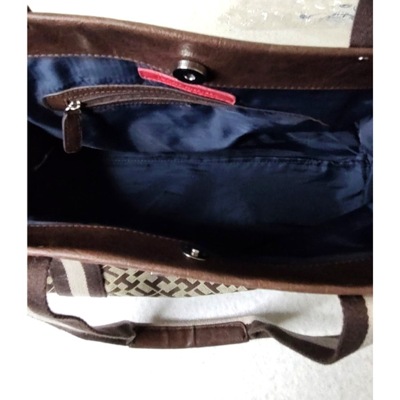 Tommy Hilfiger Womens Handbag Purse Tan Brown Letter Pattern Leather Accents - Picture 9 of 13